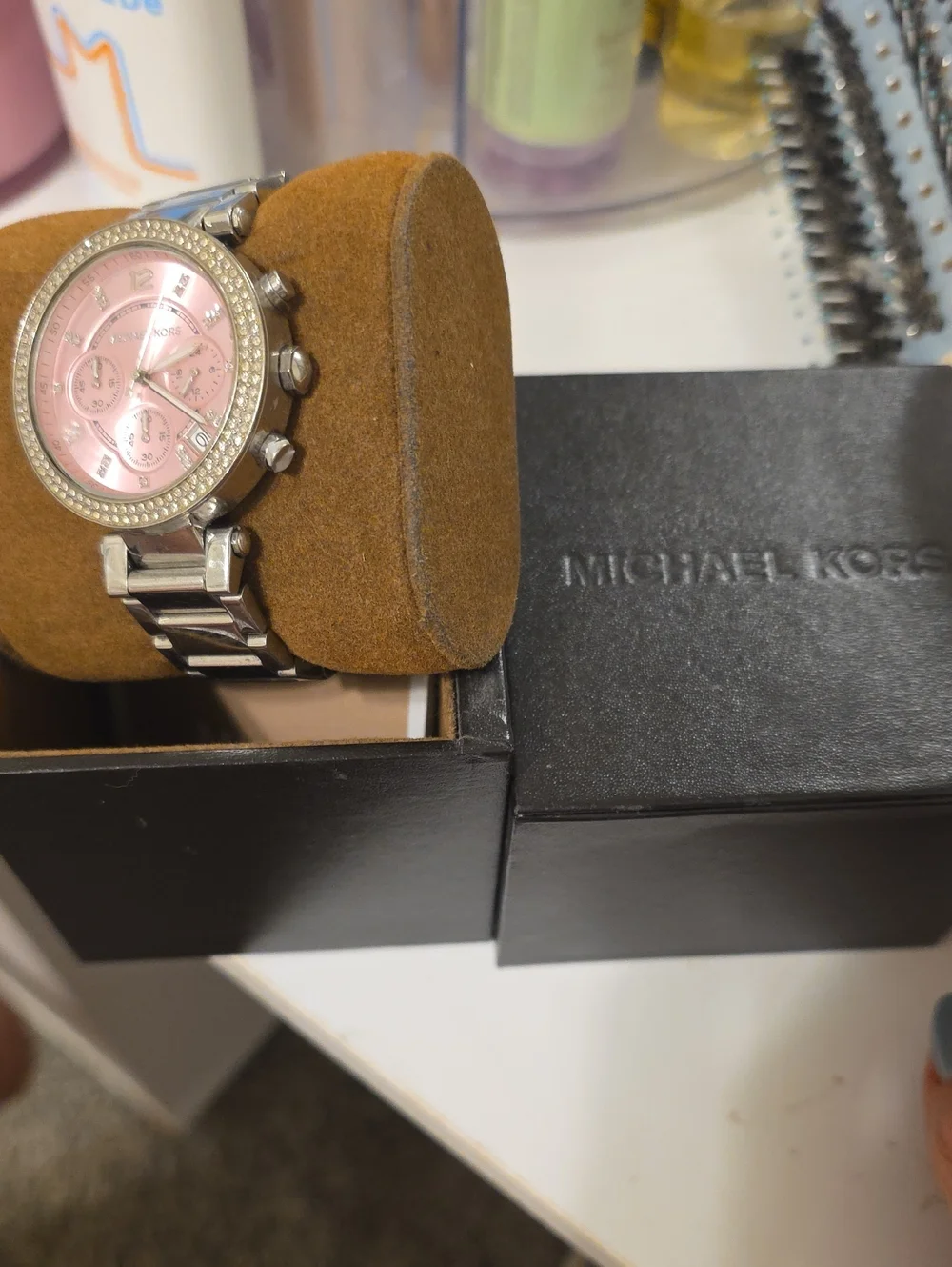 Michael Kors Silver Bracelet Watch with Pink Dial and Crystal Bezel